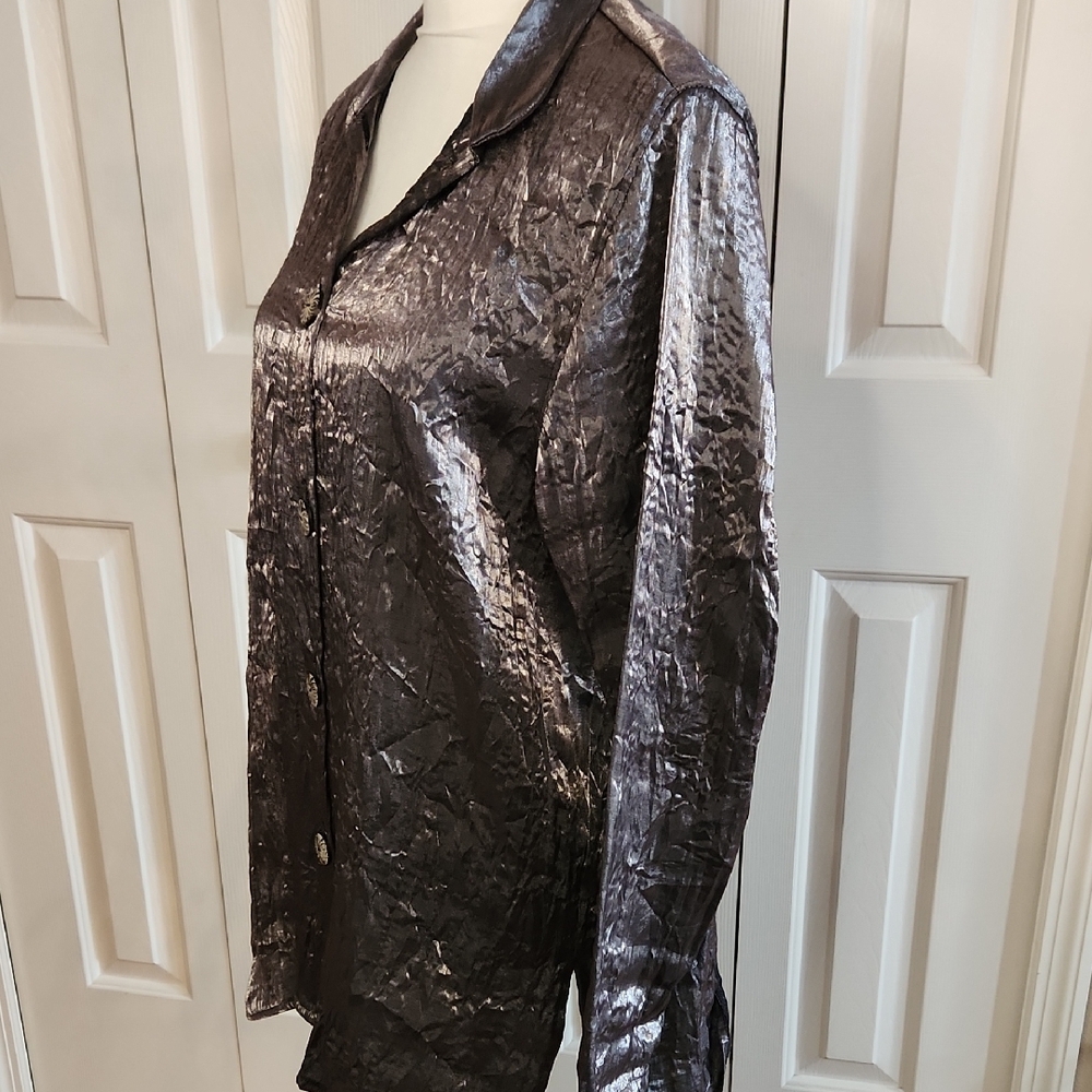 Metallic Crushed Satin Button-Up Blouse - Charcoal Gray L - Picture 5 of 11